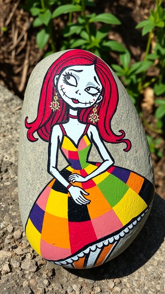 A painted rock depicting Sally from The Nightmare Before Christmas with a patchwork dress and red hair.